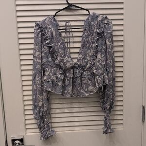 For Love & Lemons - Floral Patterned Blue and White Women's Top